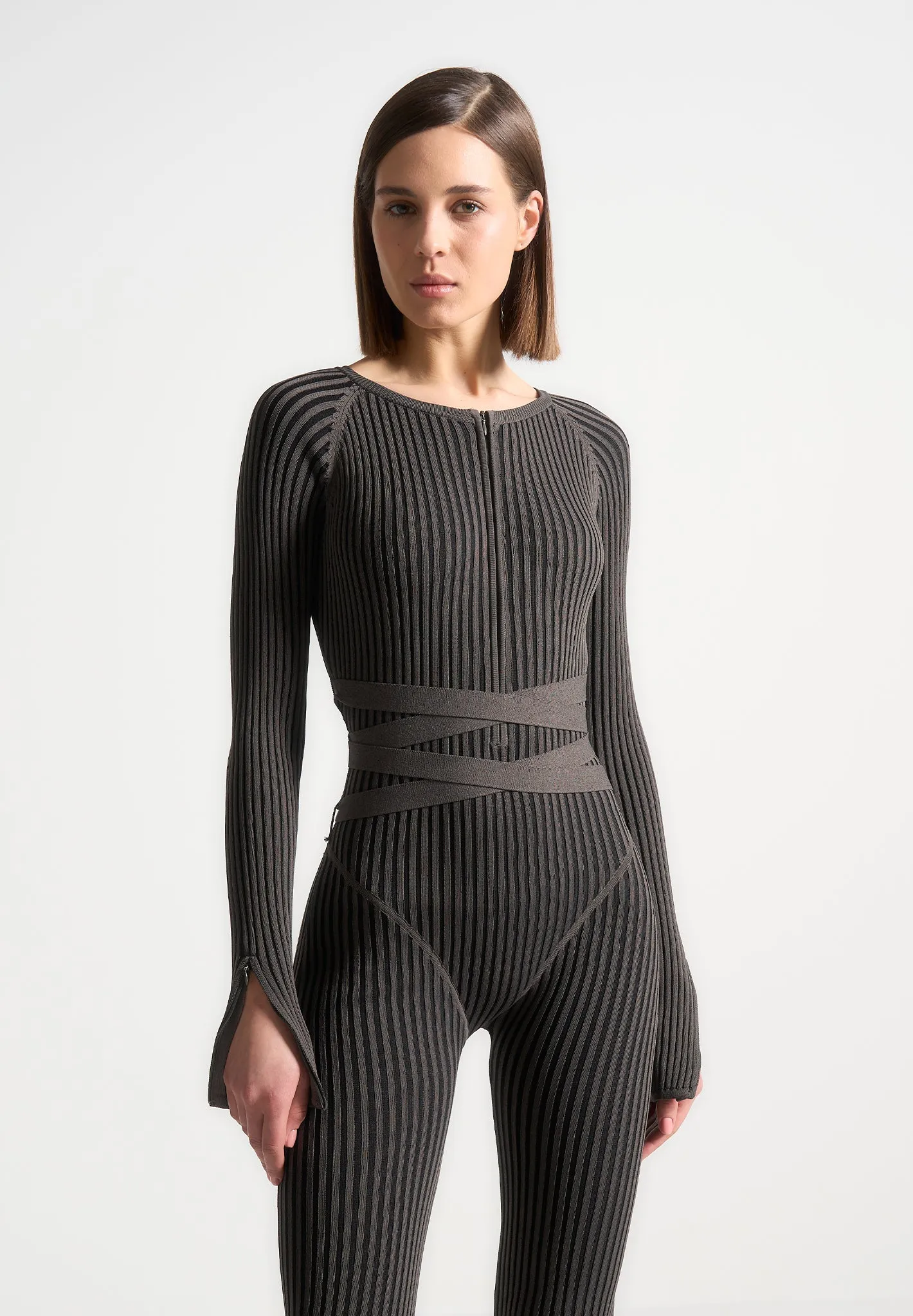 Knitted Two Tone Jumpsuit with Belt - Grey/Black