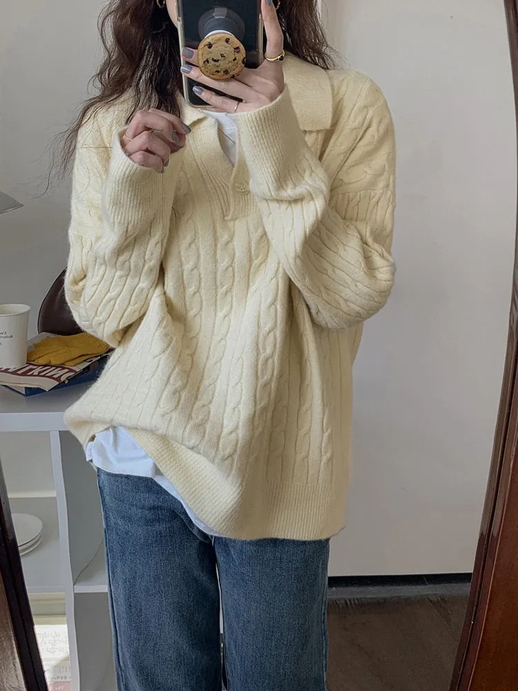 [Korean Style] 3 Colors Twist Cable Knit Collared Sweater