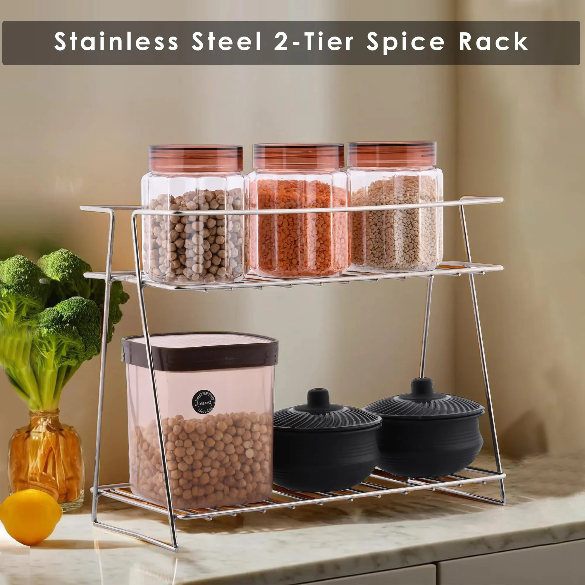 Kuber Industries (Set of 2) Multipurpose Counter Top Spice Rack Trolley Organizer 2-Layer Stainless Steel Corner Stand for Kitchen | Silver