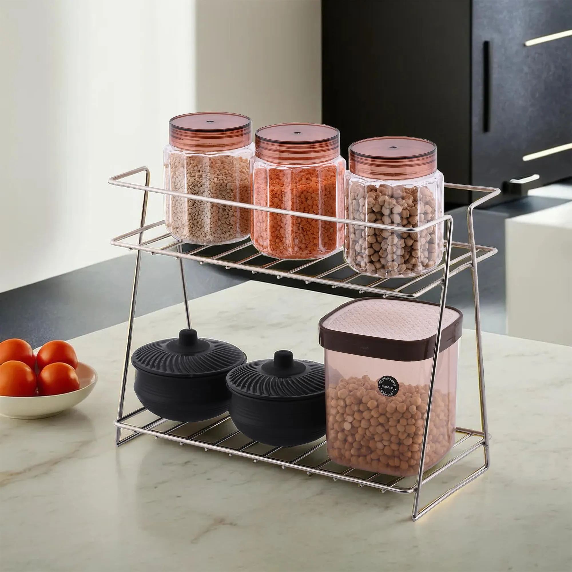 Kuber Industries (Set of 3) Multipurpose Counter Top Spice Rack Trolley Organizer 2-Layer Stainless Steel Corner Stand for Kitchen | Silver