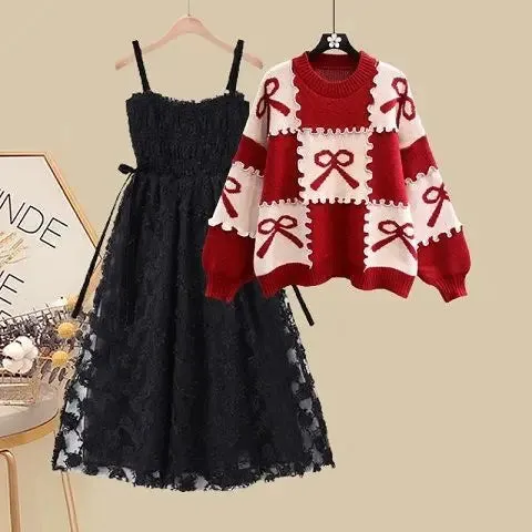 LANFUBEISI Winter New Style Personalized Knitted Sweater Pullover Lace Strap Two Piece Elegant Women's Dress Set Party Dresses