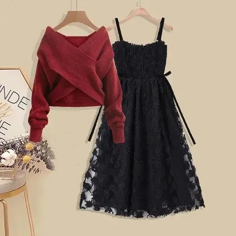 LANFUBEISI Winter New Style Personalized Knitted Sweater Pullover Lace Strap Two Piece Elegant Women's Dress Set Party Dresses