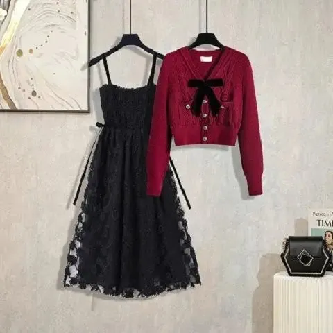 LANFUBEISI Winter New Style Personalized Knitted Sweater Pullover Lace Strap Two Piece Elegant Women's Dress Set Party Dresses