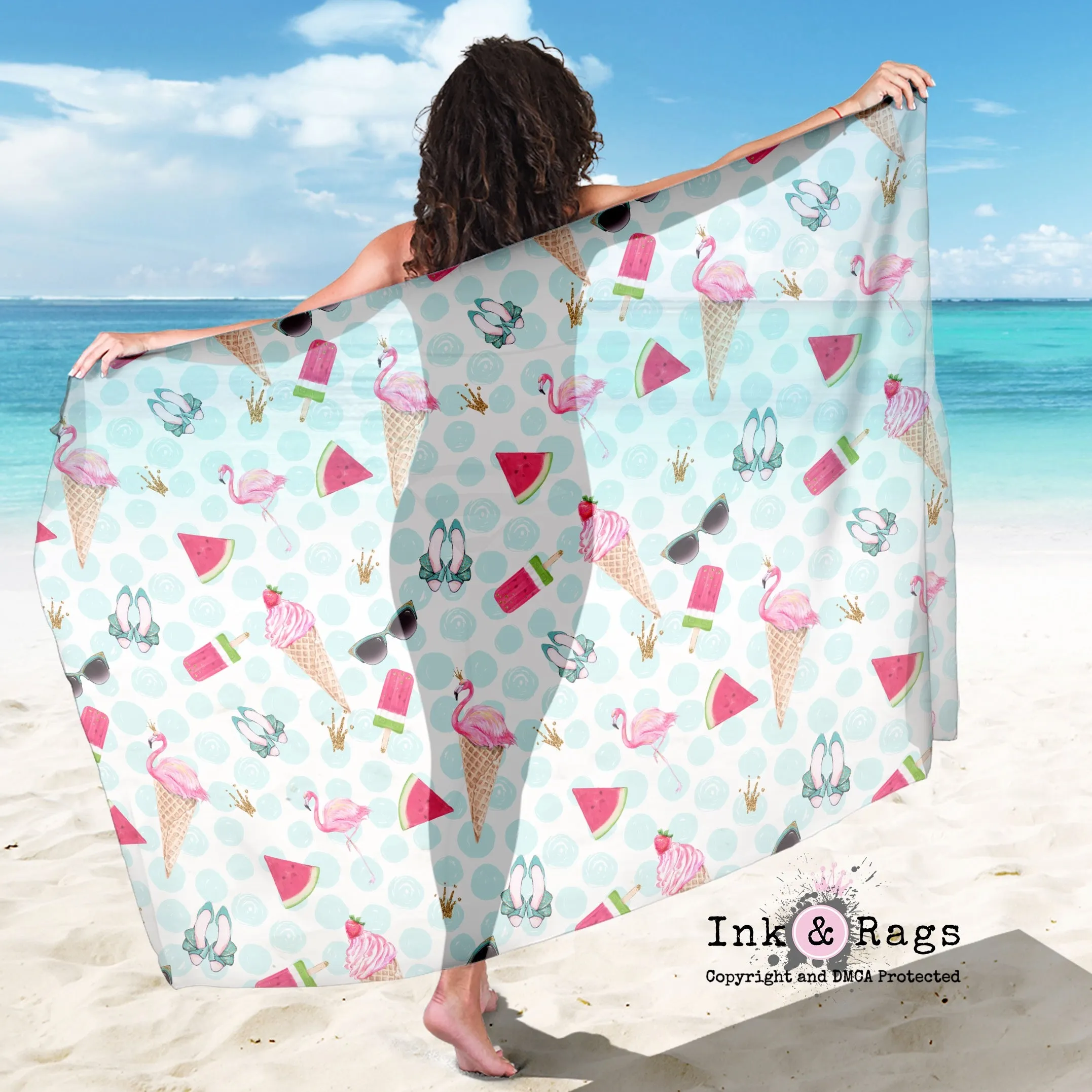 Large Sheer Flamingo Summer Blue Dot Scarf, Sarong, Shawl