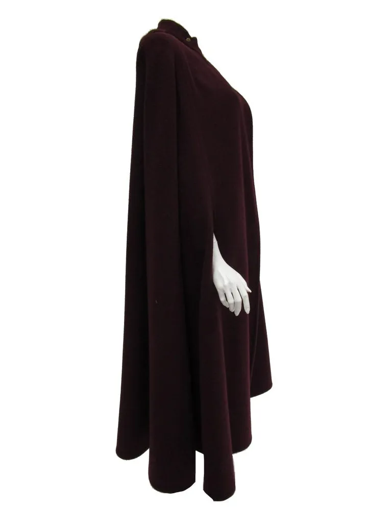 Late 1970s Galanos Eggplant Purple Wool Cape / Cloak with Gorget & Epaulettes