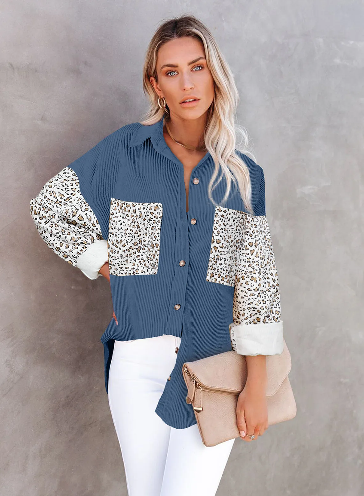 Leopard Patchwork Corduroy Buttoned Shirt Jacket