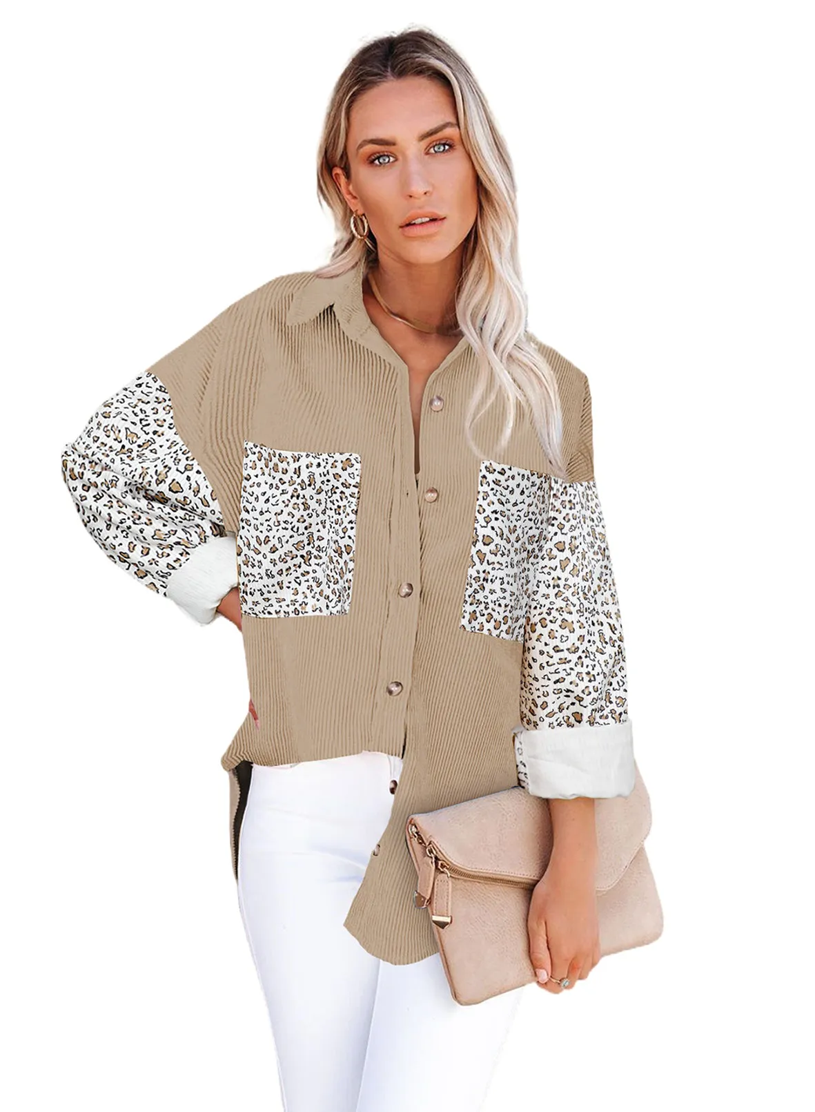 Leopard Patchwork Corduroy Buttoned Shirt Jacket