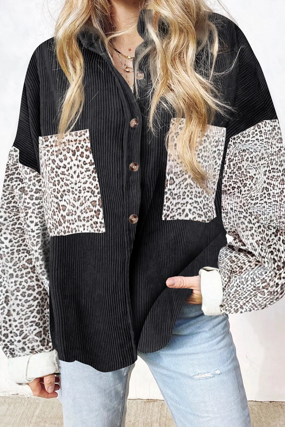 Leopard Patchwork Corduroy Buttoned Shirt Jacket