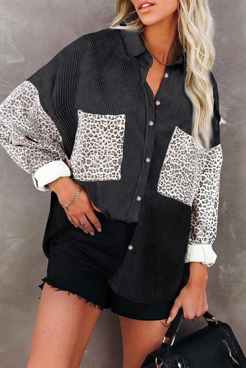 Leopard Patchwork Corduroy Buttoned Shirt Jacket