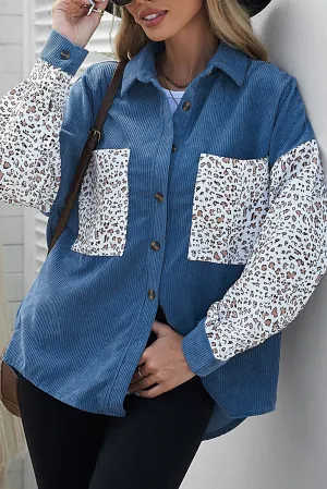 Leopard Patchwork Corduroy Buttoned Shirt Jacket