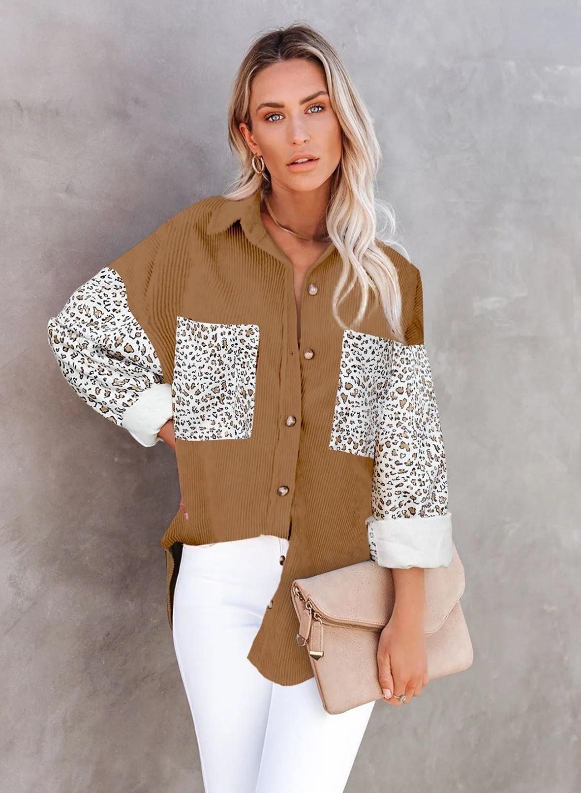 Leopard Patchwork Corduroy Buttoned Shirt Jacket