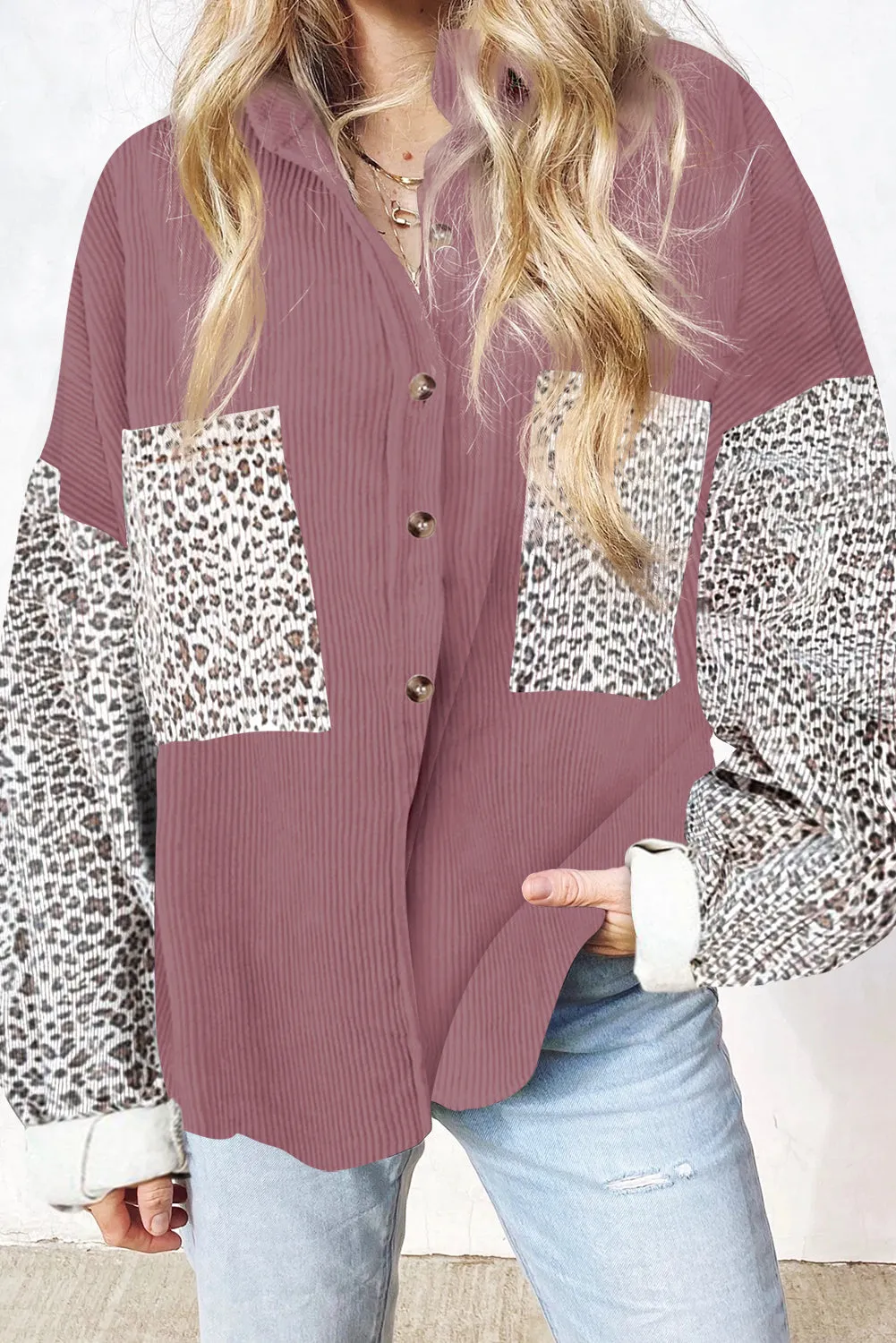 Leopard Patchwork Corduroy Buttoned Shirt Jacket