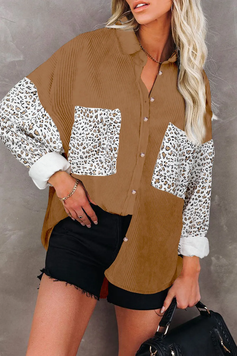 Leopard Patchwork Corduroy Buttoned Shirt Jacket