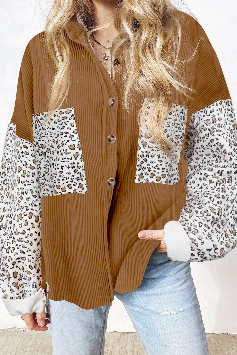 Leopard Patchwork Corduroy Buttoned Shirt Jacket