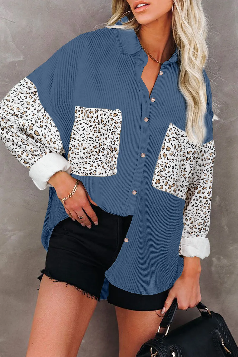 Leopard Patchwork Corduroy Buttoned Shirt Jacket