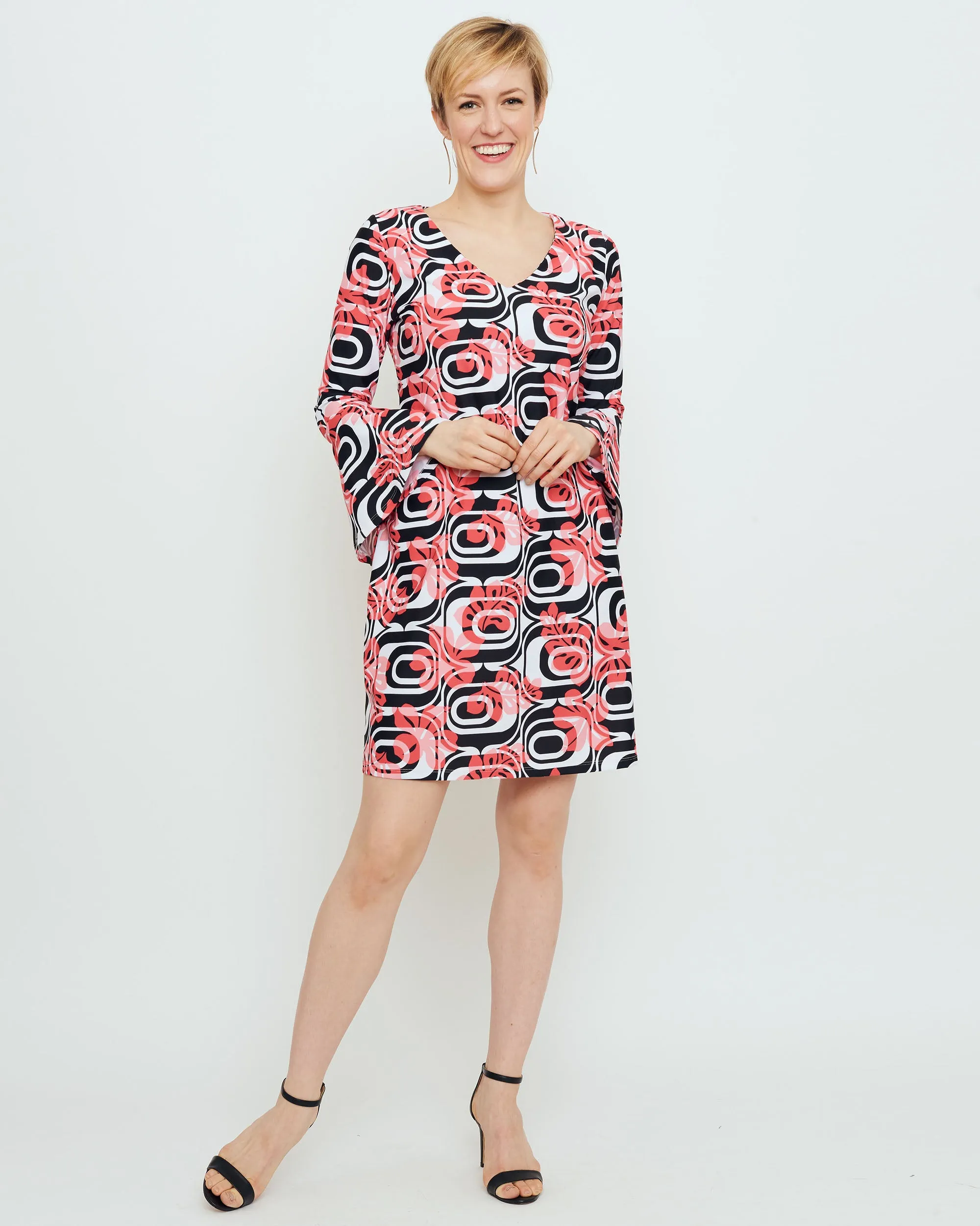 Leyte Bell Sleeve Dress in Coral Optic Hibiscus