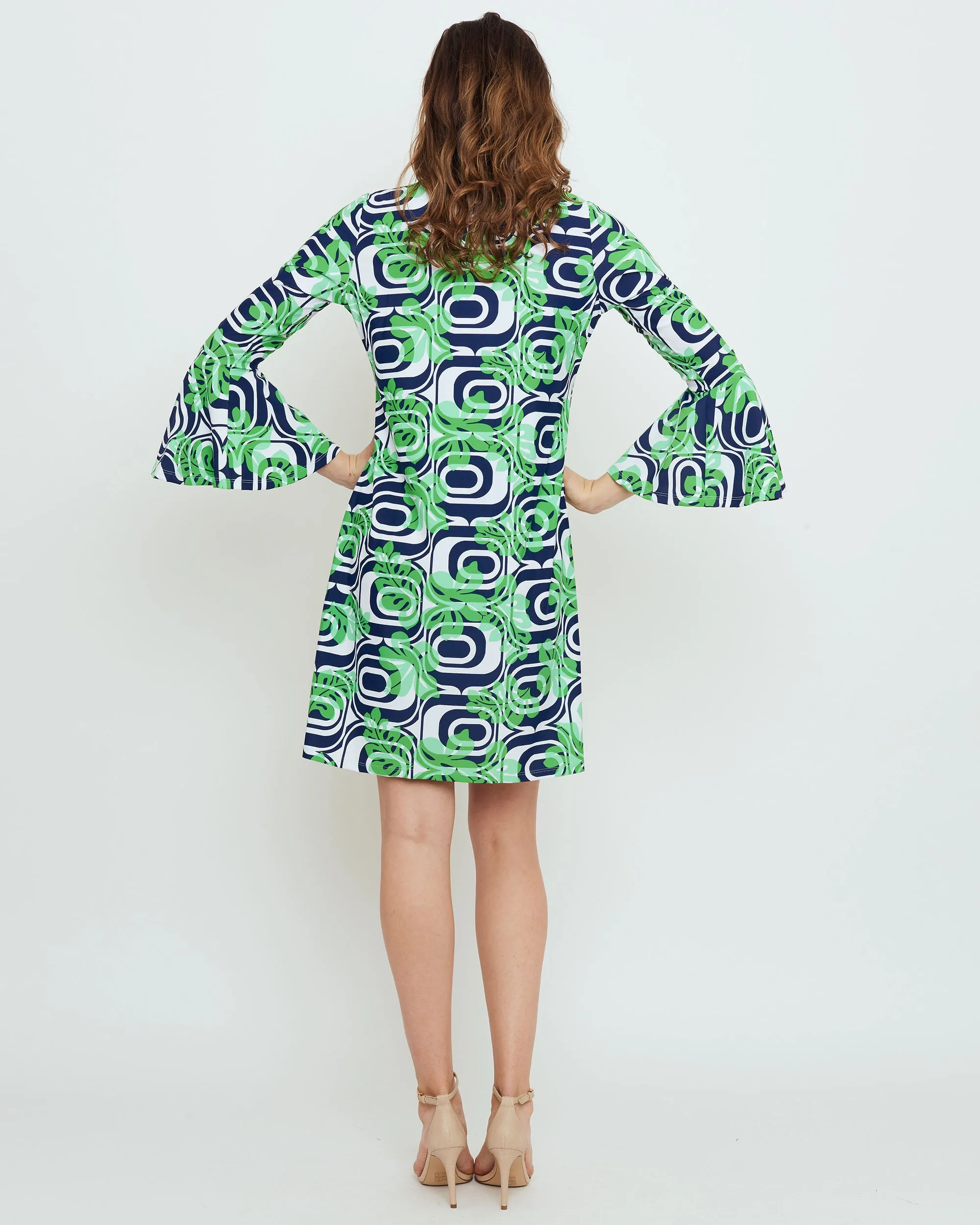 Leyte Bell Sleeve Dress in Kelly Green Optic Hibiscus