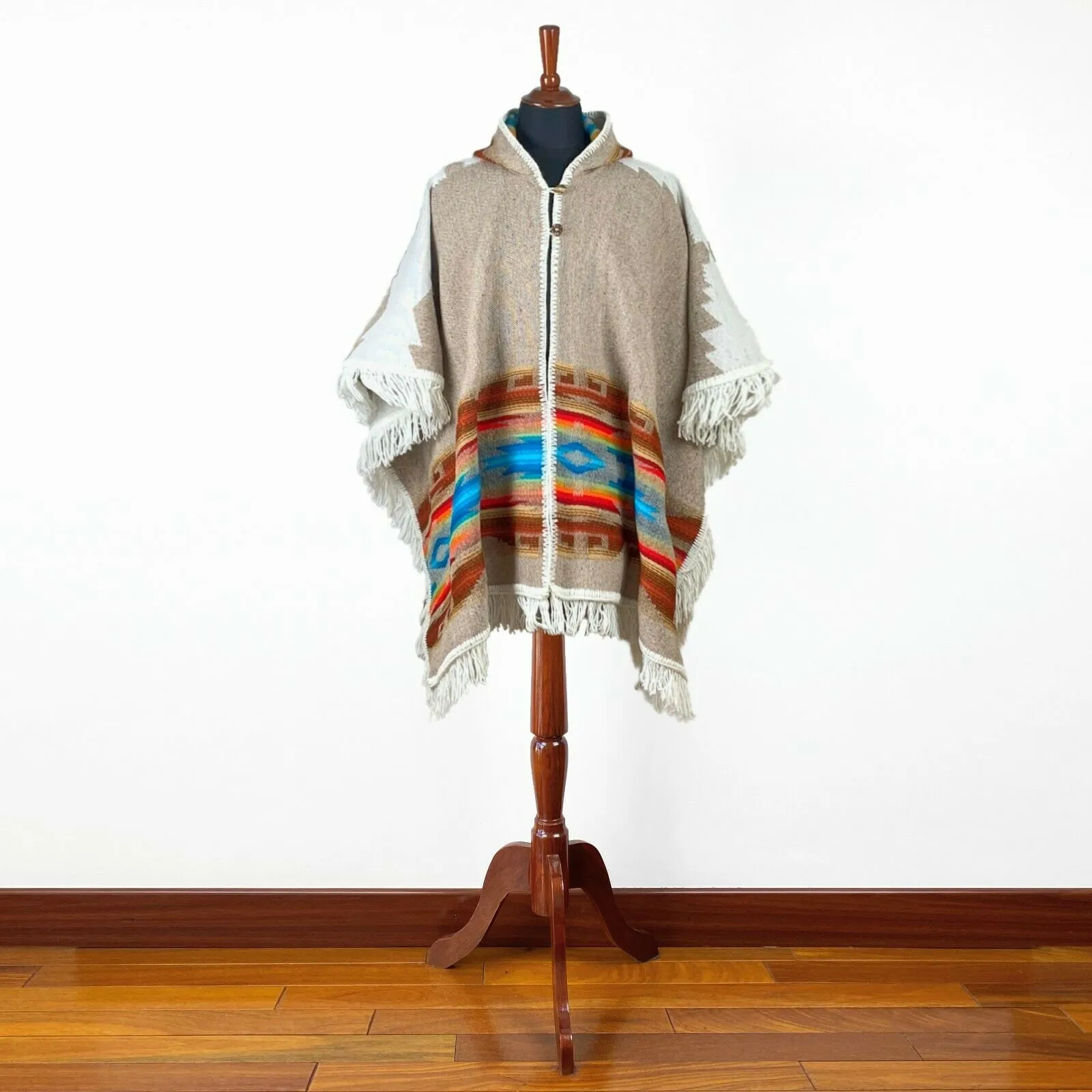 Llama wool Unisex Hooded Open Cape Poncho - Authentic South American Aztec pattern - BEIGE