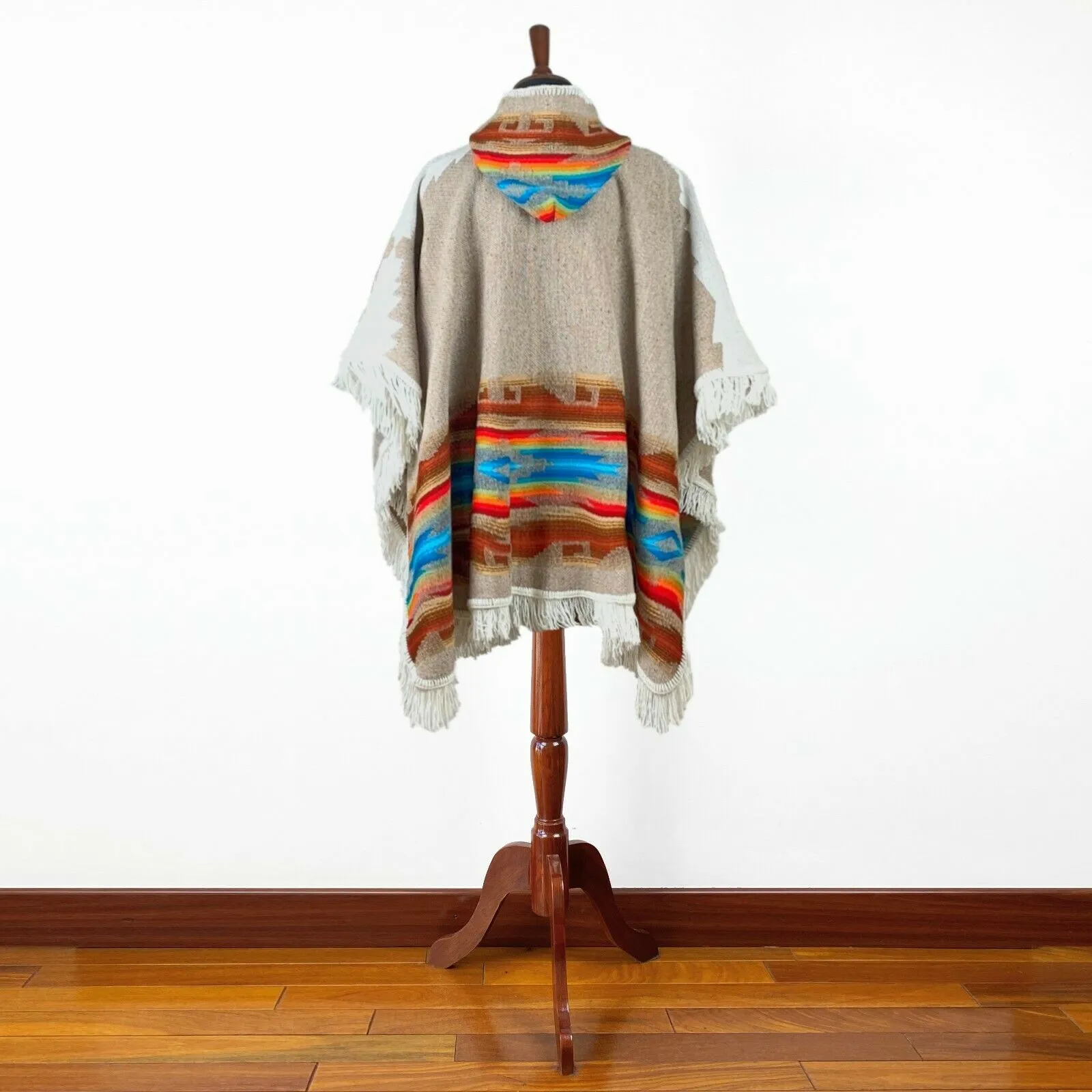 Llama wool Unisex Hooded Open Cape Poncho - Authentic South American Aztec pattern - BEIGE