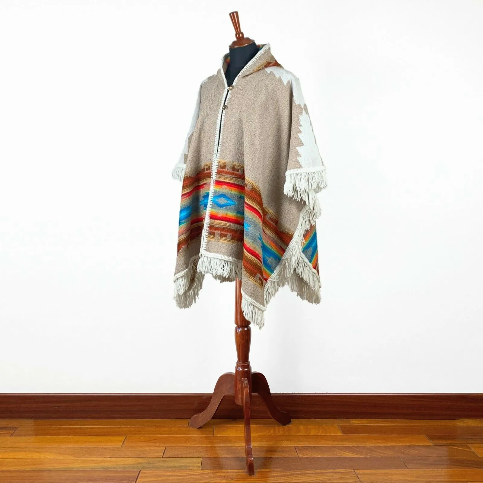 Llama wool Unisex Hooded Open Cape Poncho - Authentic South American Aztec pattern - BEIGE