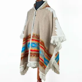 Llama wool Unisex Hooded Open Cape Poncho - Authentic South American Aztec pattern - BEIGE