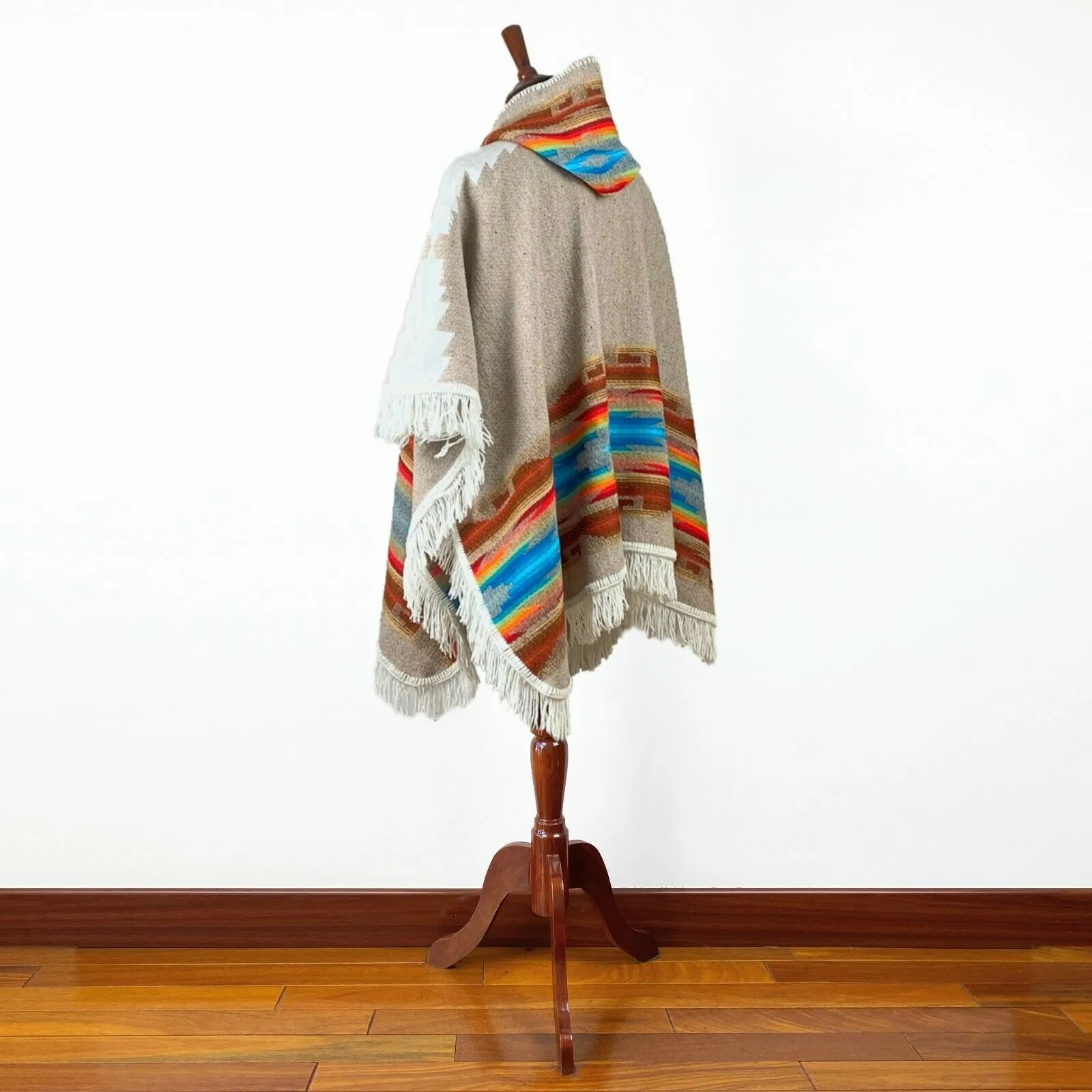 Llama wool Unisex Hooded Open Cape Poncho - Authentic South American Aztec pattern - BEIGE