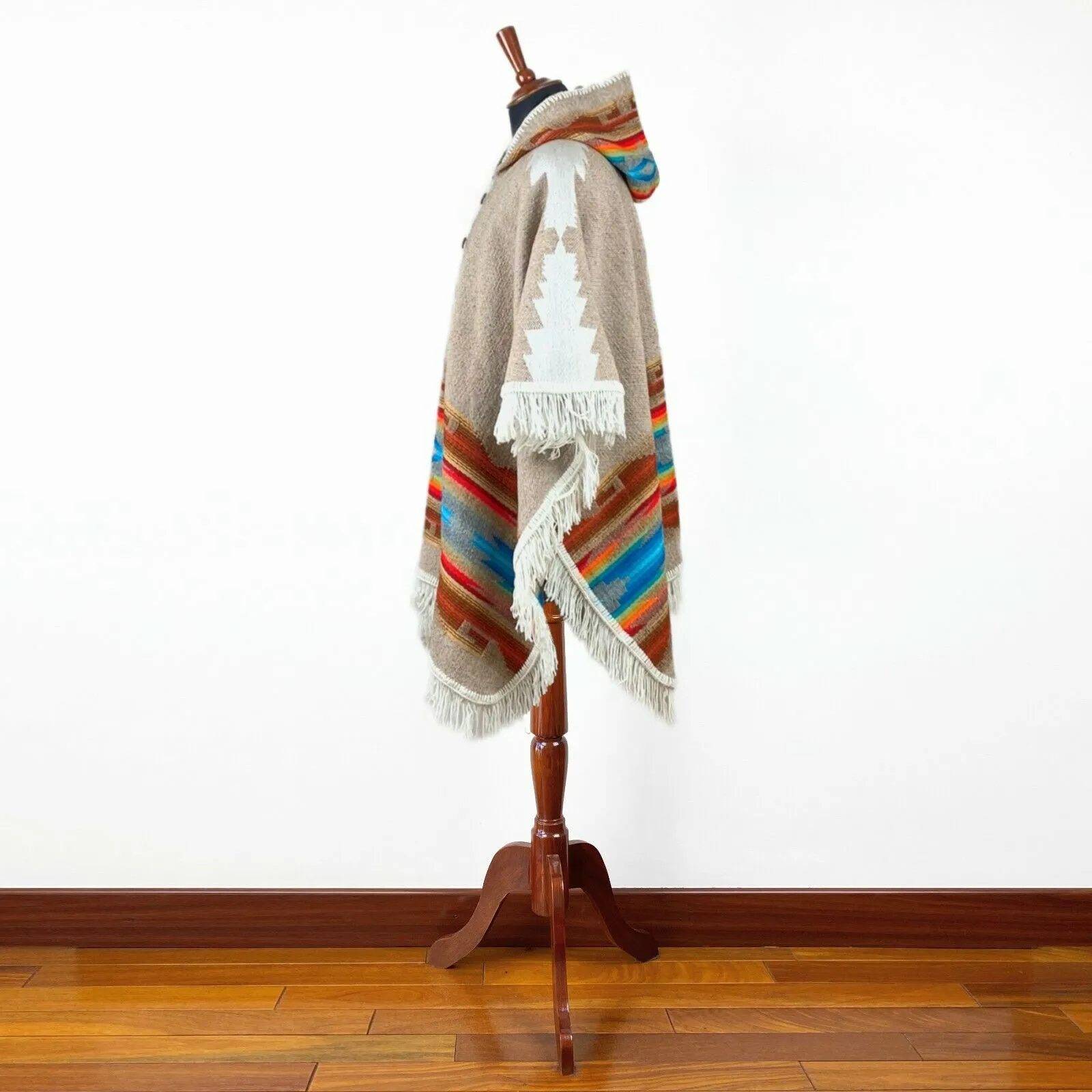 Llama wool Unisex Hooded Open Cape Poncho - Authentic South American Aztec pattern - BEIGE