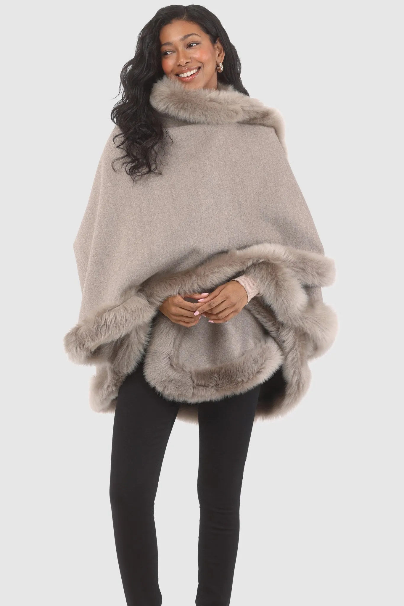 Loro Piana Cashmere & Wool Cape with Merinillo Shearling Lamb Trim