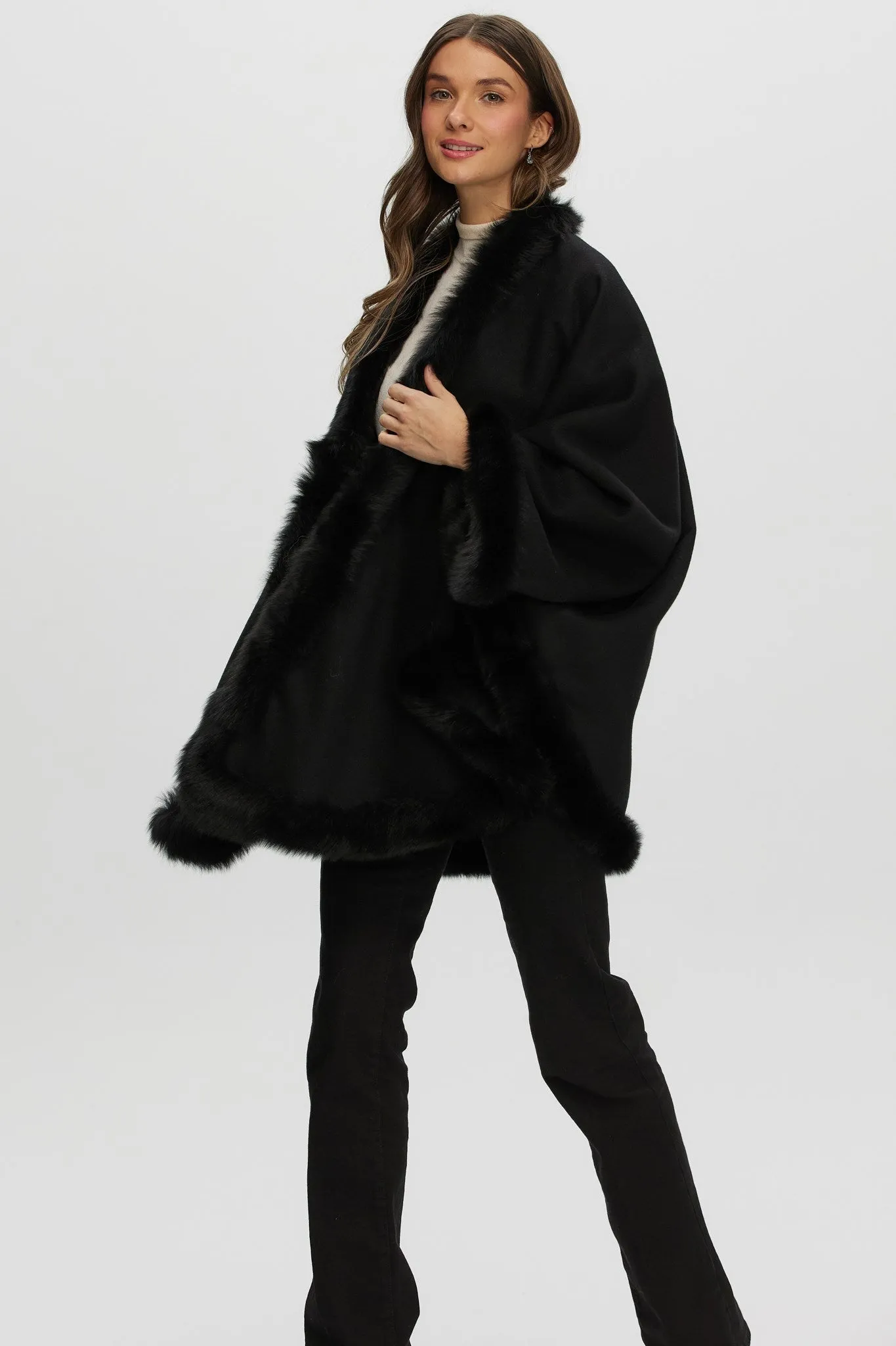 Loro Piana Cashmere & Wool Cape with Merinillo Shearling Lamb Trim