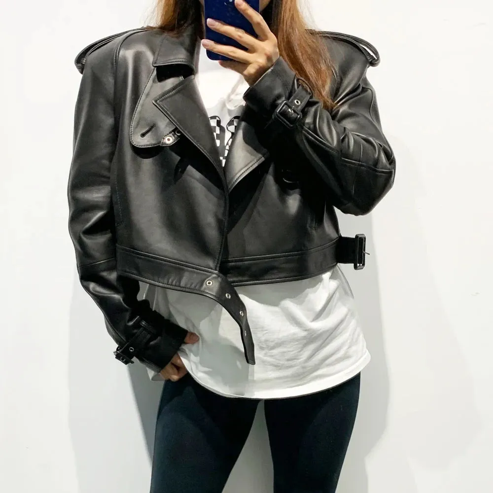 Luxury Women's Genuine Leather Belted Moto Jacket