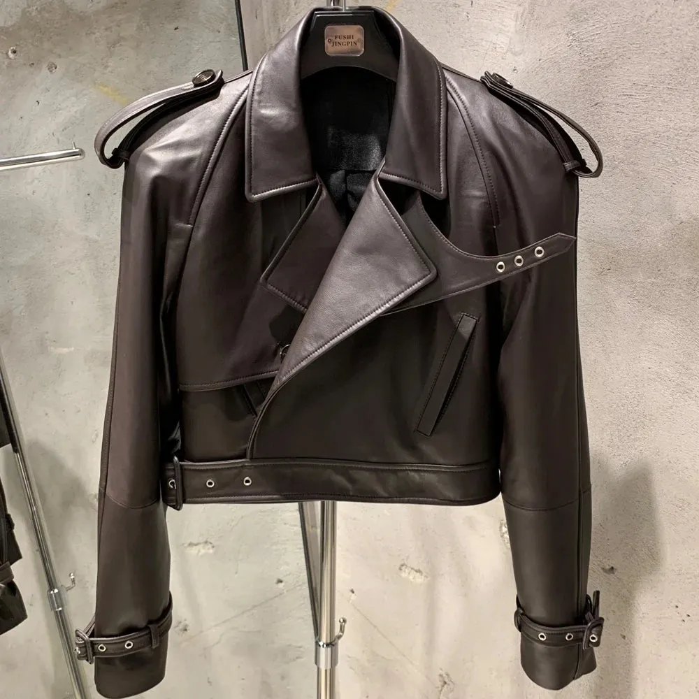 Luxury Women's Genuine Leather Belted Moto Jacket