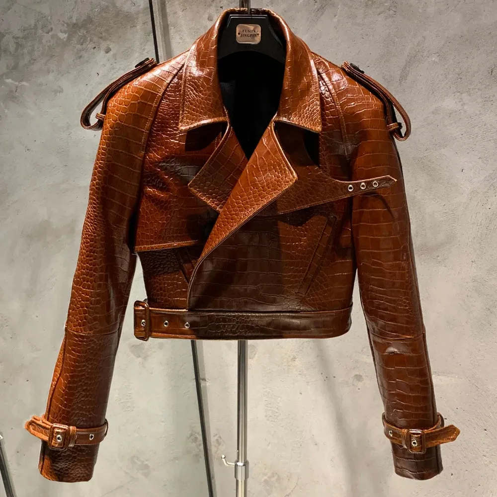 Luxury Women's Genuine Leather Belted Moto Jacket