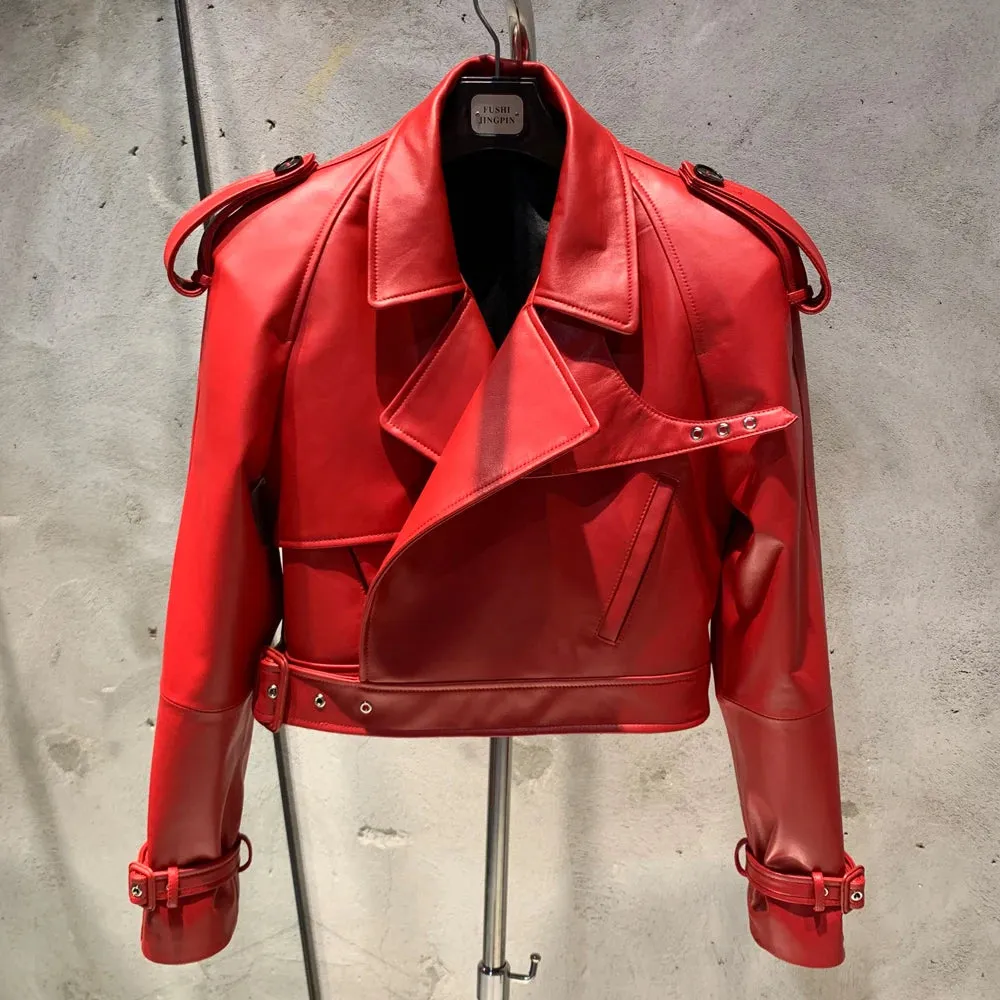 Luxury Women's Genuine Leather Belted Moto Jacket