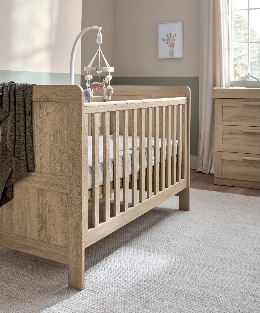 Mamas & Papas Atlas 5 Piece Set with Cotbed, Dresser Changer, Mattress, Fitted Sheets & Mattress Protector - Light Oak (Pre order for March)