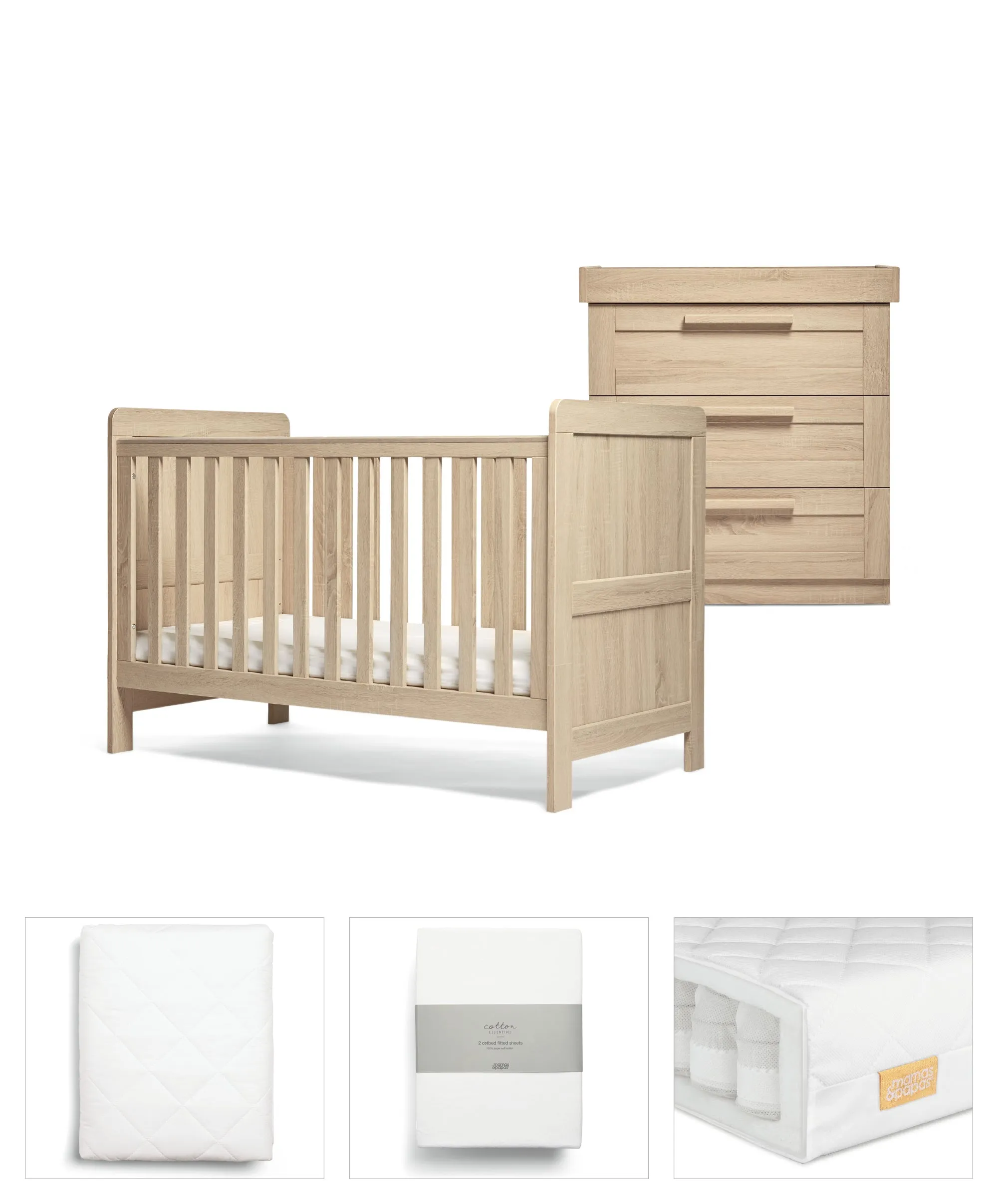 Mamas & Papas Atlas 5 Piece Set with Cotbed, Dresser Changer, Mattress, Fitted Sheets & Mattress Protector - Light Oak (Pre order for March)