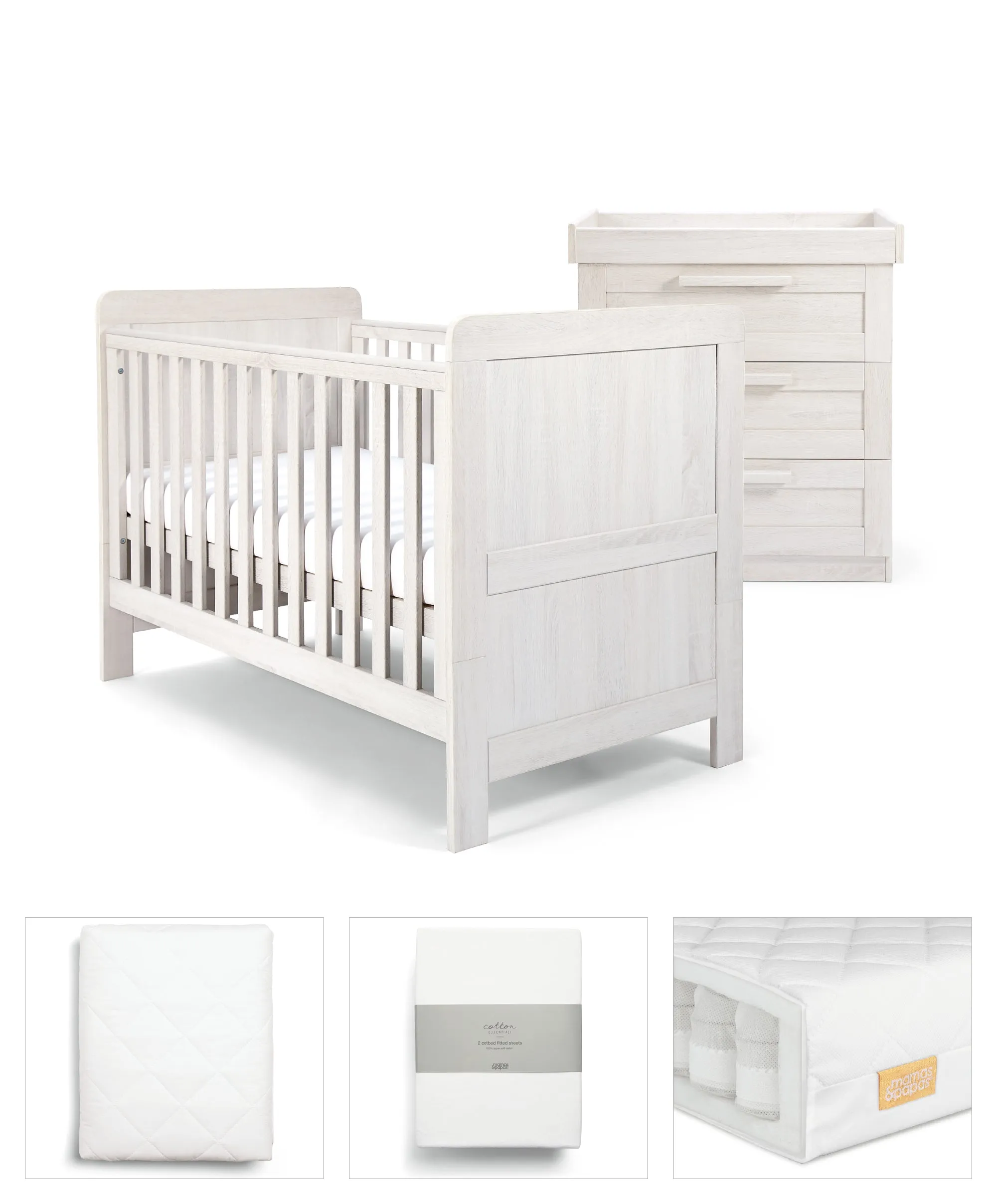 Mamas & Papas Atlas 5 Piece Set with Cotbed, Dresser Changer, Mattress, Fitted Sheets & Mattress Protector - White (Pre order for March)