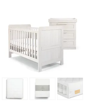 Mamas & Papas Atlas 5 Piece Set with Cotbed, Dresser Changer, Mattress, Fitted Sheets & Mattress Protector - White (Pre order for March)