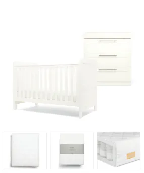 Mamas & Papas Hampden 5 Piece Set with Cotbed, Dresser Changer, Mattress, Fitted Sheets & Mattress Protector - White (Pre order for March)