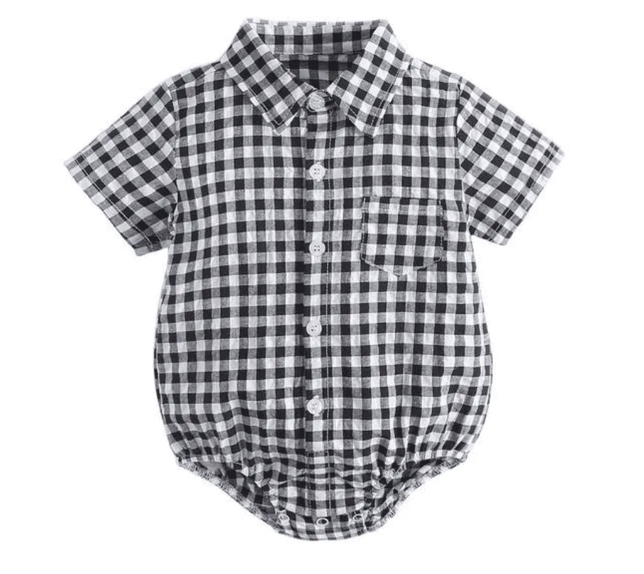 Marcus - Baby Boys Plaid Cotton Shirt Romper in Black & White Checks