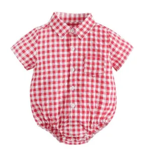 Marcus - Baby Boys Plaid Cotton Shirt Romper in Red & White Checks