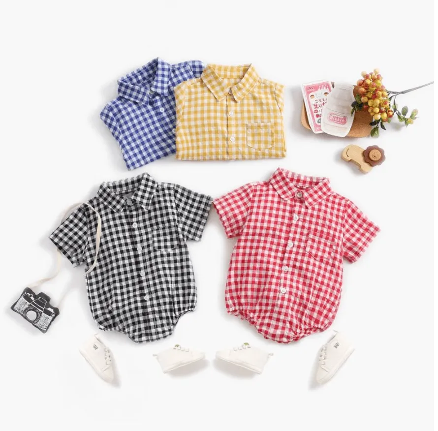 Marcus - Baby Boys Plaid Cotton Shirt Romper in Red & White Checks