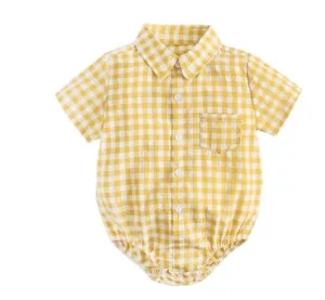 Marcus - Baby Boys Plaid Cotton Shirt Romper in Yellow & White Checks