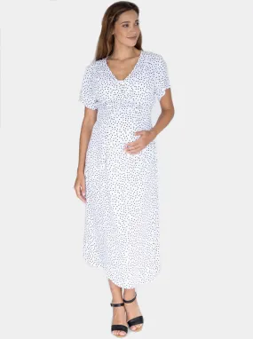 Maternity and Nursing Wrap Dress with Polka Dots in Midi Length