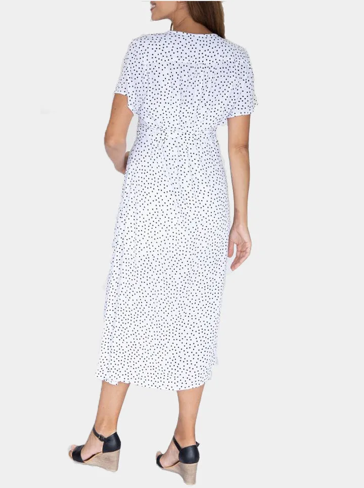 Maternity and Nursing Wrap Dress with Polka Dots in Midi Length