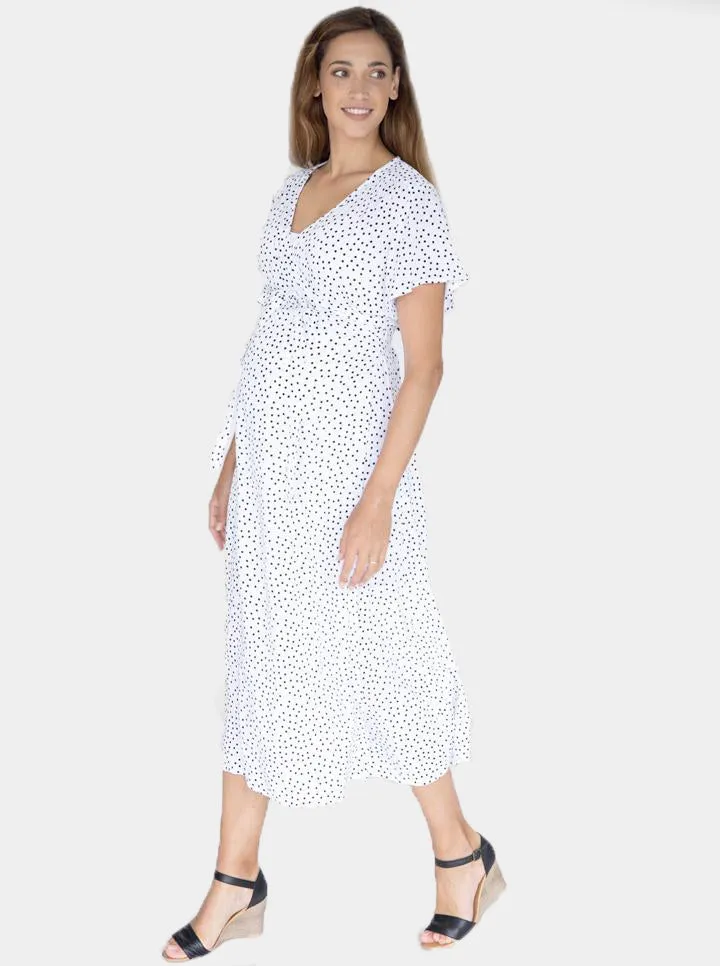 Maternity and Nursing Wrap Dress with Polka Dots in Midi Length