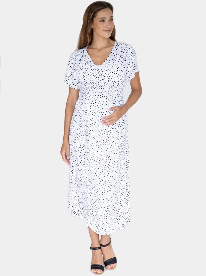 Maternity and Nursing Wrap Dress with Polka Dots in Midi Length