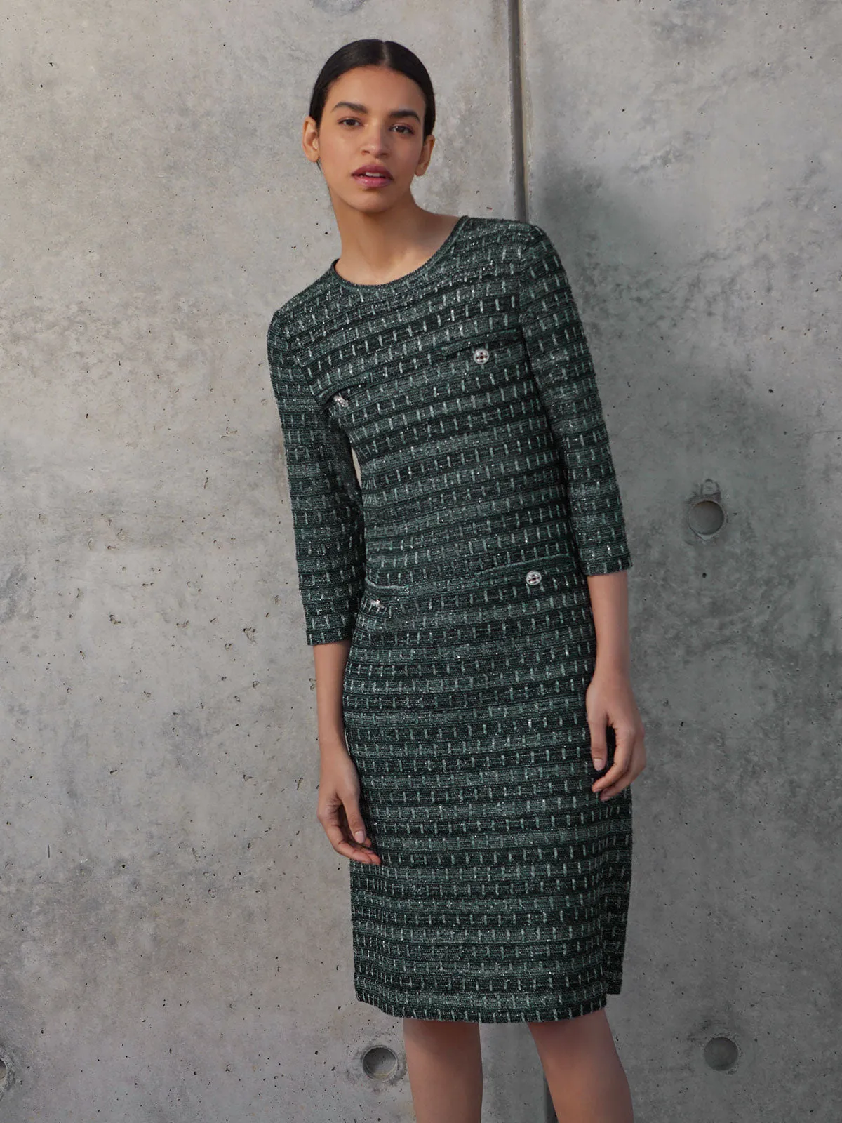 Metallic Accent Tweed Knit Shift Dress