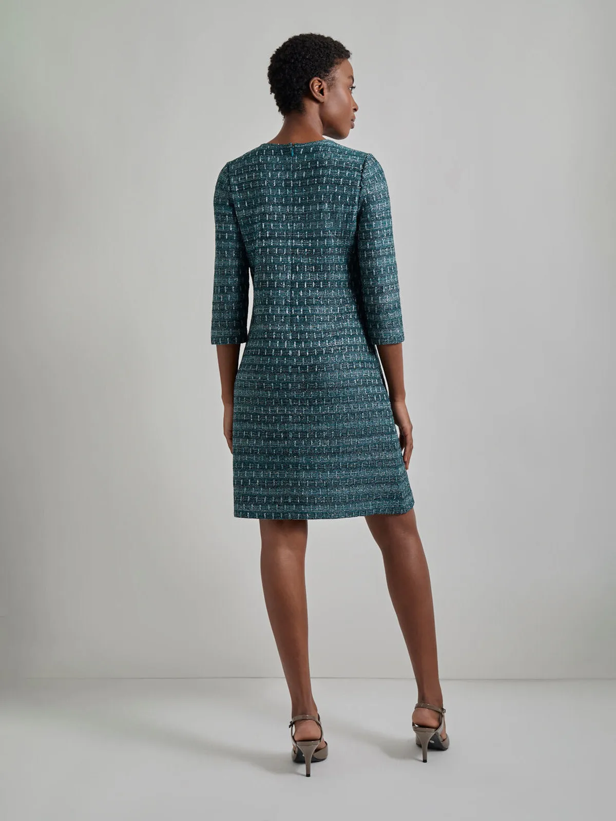 Metallic Accent Tweed Knit Shift Dress