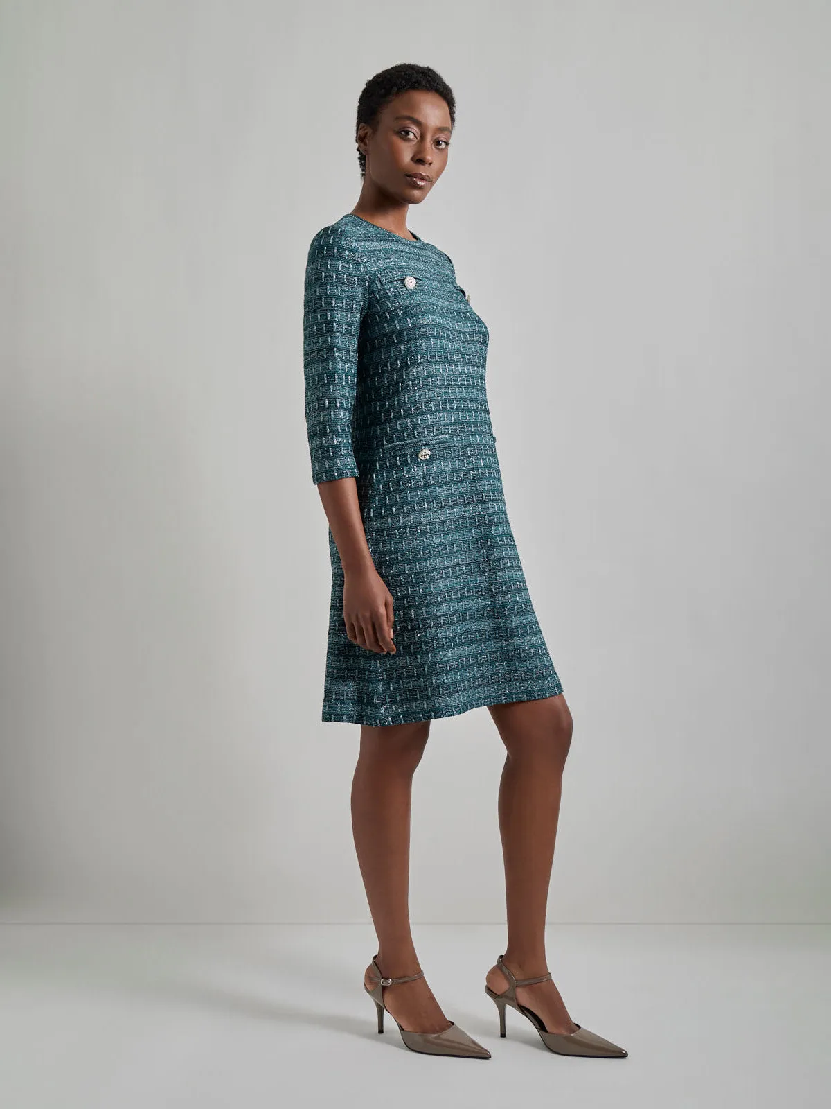 Metallic Accent Tweed Knit Shift Dress