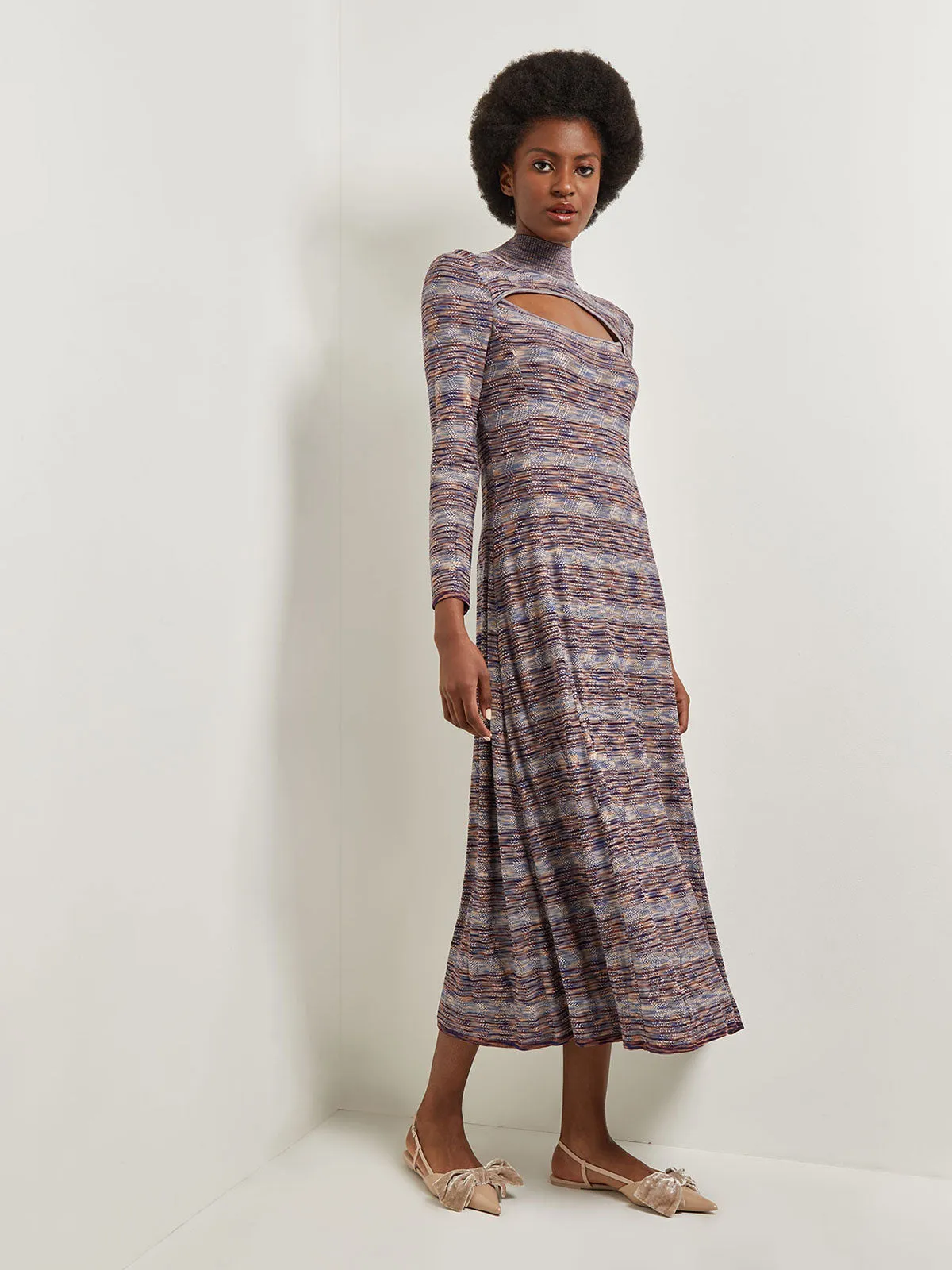 Modern Fit-and-Flare Melange Knit Cutout Maxi Dress